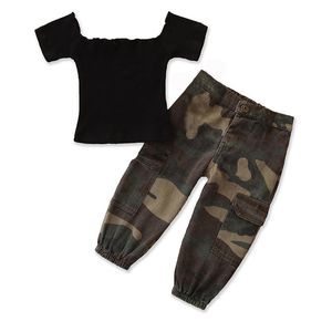 Toddler Çocuk Bebek Kız Yaz Kısa Kollu Kapalı Omuz T-shirt Üst + Kamuflaj Baskı Pantolon Kıyafet Seti Giysi 2 adet 1-6Y 2587 Q2