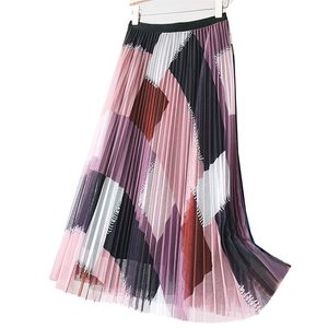 Vår Höst Kvinnor Vintage Elastisk Midja Casual Pathwork Mesh Paneled Print Over Knee Loose Pleated Skirt 210427