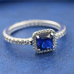 Designer Jewelry 925 Silver Wedding Ring Bead fit Pandora Blue Cz Stones Timeless Elegance Cubic Zirconia Diamonds European Style Rings Birthday Ladies Gift