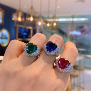 Heart Sapphire Emerald Ring 100% Original 925 sterling silver Party Wedding band Rings for Women Men Engagement Jewelry