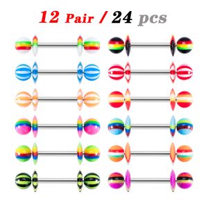 24 pcs Colorido Língua Barbell Piercing Acrílico Estar Anel Anel Ouvido Cartilagem TRAGUS BAR Aço Inoxidável Mulheres Corpo Jóias 14G