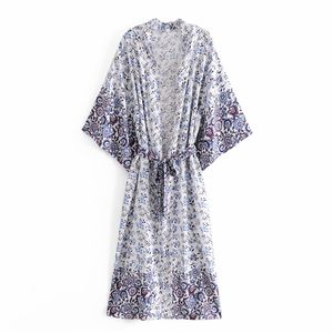 Sweet Women V Neck High Waist Dress Spring-autumn Fashion Ladies Chinese Style Female Printed Kimono 210515