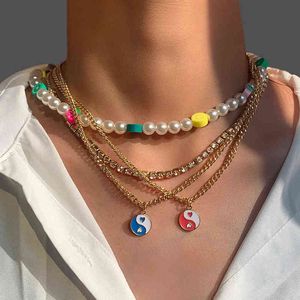 Multicolor Necklace for Women with Fruit Soft Pottery Stacked Necklace Retro Imitation Pearl Acrylic Crystal Clavicle Chain G1206