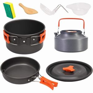 Eco-friendly Camping Cookware Set Portable Spring Outing Dinnerware Kettle Frying Pan Soup Spoon Bowl Sets Travel Supplies RRF11040