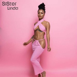 Sisterlinda Fashion Sexy Halter Two Piece Outfits Women Hollow Out Tops+Maxi Skirts Nightclub Party Clubwear Matching Sets 2021 X0709