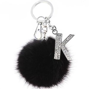 TEH Fluffy Black Pompom Faux Rabbit Fur Ball Keychains Crystal Letters Key Rings Key Holder Trendy Jewelry Bag Accessories Gift G1019