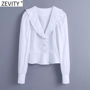 Zevity Women Sweet Agaric Lace Vit Smock Blus Office Ladies Puff Sleeve Diamantknappar T Shirts Chic Blusas Tops LS7709 210603