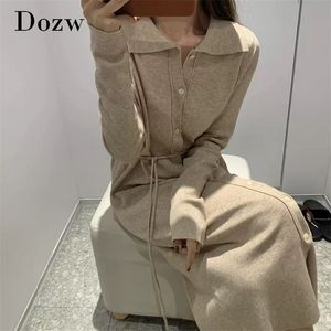 Pure Knitted Elegant Dress Women Long Sleeve Soft Casual Midi With Belt Turn Down Collar Office Shirt 210515