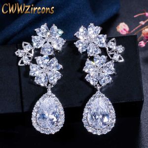 Brand Lovely Heart Shape Flower Clear Long Tear Drop CZ Stones Bridal Crystal Wedding Earrings for Brides CZ199 210714