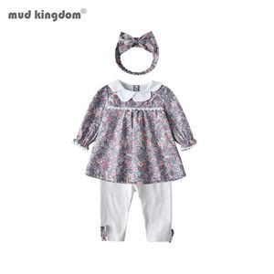 Mudkingdom Baby Girl Roupas Conjunto de Algodão Manga Longa Floral Tops Calças Casuais Headband 3 Pcs Infantil Toddler Roupas 210615