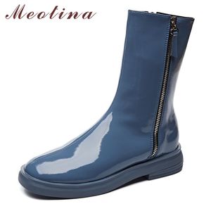 Winter Ankle Boots Women Natural Genuine Leather Flat Short Zipper Round Toe Shoes Ladies Autumn Blue Size 34-39 210517