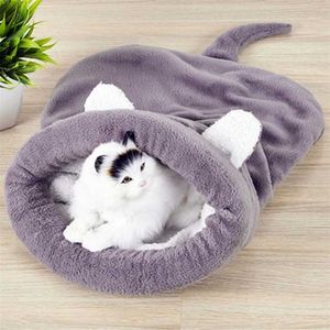 Cat Sleeping Bag Warm Coral Fleece Dog Bed Pet House Lovely Soft Mat Cushion Travel Covers 211006