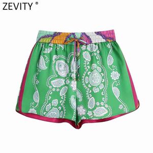 Zevity Women Vintage Floral Print Patchwork Summer Spirts Spodenki Femme Chic Elastyczna Talia Wstążka Pantalone Cortos P1122