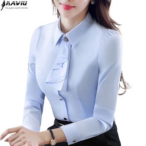 Elegant Ladies Long-Sleeve Blue Shirt Autumn White Purple Bow Tie Chiffon Women Blouse Work Wear Formal Office Plus Size Top 210323