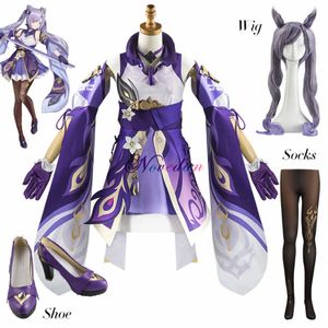 New Game Genshin Impact Keqing Cosplay Costume Purple Uniform Elegant Dress Wig Canival Halloween Party Outfit For Women Y0903