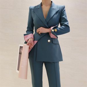 Set di due pezzi di autunno di moda di alta qualità per le donne Suit Solid Blazer Coat Pants 2 Work Elegant Office 210514