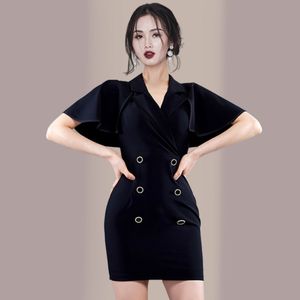 Sommer Mode Büro OL Kleider Frauen Mantel Ärmel Kerb Kragen Zweireiher Slim Club Bodycon Mini Kleid 210518