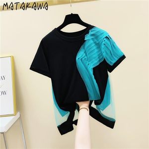 Matakawa Summer Woman Tshirts Loose Top Matching Mesh Pleated Stitching T Shirt För Kvinnor Casual Short-Sleeved T-shirt Kvinnor 210513