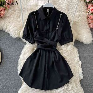 Kvinnor Klänning Sommar Koreansk Robe Slå ner Krage Kedja Fake Två Piece Vestidos Bandage Slim Mini Shirt Klänningar 4J403 210519