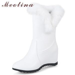 Winter Snow Boots Women Fur Height Increasing Heel Mid Calf Warm Round Toe Shoes Ladies Black Big Size 34-43 210517