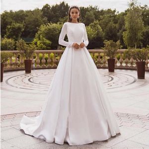 Elegant Satin Wedding Dresses Long Sleeves Lace Bride Gowns Muslim Gown Covered Back Vestido de novia