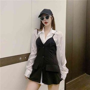 Spring Autumn Women's Shirt Korean Style Striped Long Sleeve Lapel Casual Slim Suit Sling Vest Loose Blouse Tops GX550 210507