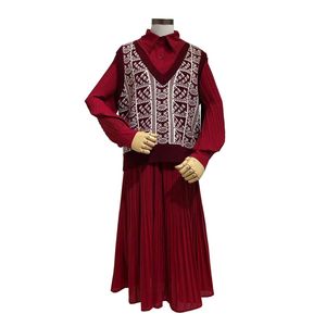 女性セットレッドブルーベージュニットベストシャツのドレスを折りたたむ襟長袖ソリッドエレガントT0392 210514