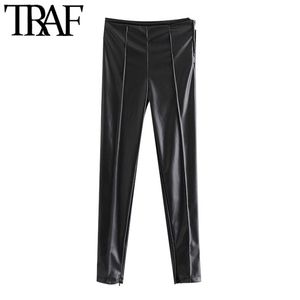 TRAF Kadınlar Moda Faux Deri Sıska Pantolon Vintage Yüksek Bel Yan Fermuar Kadın Ayak Bileği Pantolon Mujer 210915