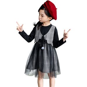 Vestiti per ragazze Gilet scozzese + Abito in rete Set completo per adolescenti Set casual Costumi scolastici primaverili per bambini 210527