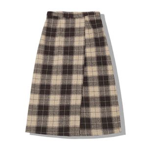 Kobiety Czarny Khaki Empire Woolen Fabric Plaid Vintage A-Line Midi Long Spódnica S0125 Zima 210514