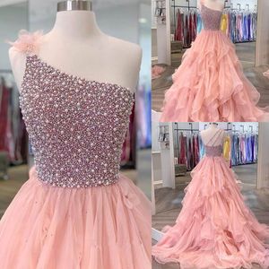 Lång sexig rygglös prom en axel mor pärlstav tyll ruffles formell klänning kvinnor kväll fest kändis klänningar freeshipping