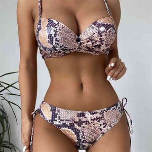 Sexy Snake Skin Bikini Push Up Samice Stroje Kąpielowe Kobiety Dwupiętrowe Zestaw Biustonosz Puchar Bather Bathing Suit Swim Damskie Swimsuit 210621