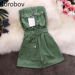 Korobov Summer New Arrival Vintage Women Playsuits Korean Strapless High Waist Sashes Female Jumpsuits Casual Romper 210430