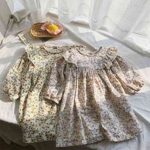 Vestito da principessa stampato floreale per ragazze Primavera Estate Toddlers Stile coreano Cotone Lino Ruffles Robe Abiti per bambini 210528
