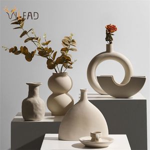 VILEAD Ceramic Nordic Flower Vase Figurines For Interior Modern Pot Support Planter Home Living Room Decoraiton Accessories 211130