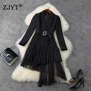 Höst vinter elegant dam notched krage oregelbunden mesh patchwork svart kontor blazer klänning kvinna kläder 210601