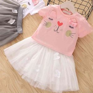 Vestuário de meninas de verão conjuntos elegante curva princesa menina desenhos animados t-shirt + tule saia 2 pcs crianças crianças conjunto crianças 210625