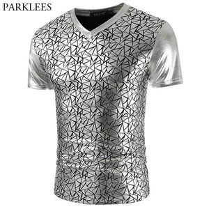 Wholesale prom wear resale online - Shiny Silver Metallic Nightclub Wear T Shirt Men Geometric Pattern Stage Prom T Shirts Mens Slim Fit V Neck T Shirt Homm