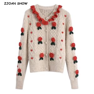 Vintage French 3D Crochet Flowers Knitted Cardigan Kawaii Wood ears Ruffle Christmas Sweater Coat Woman Long sleeve Short Jumper 210429