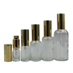 Temizle Cam Parfüm Sprey Losyonu Pompa Şişeleri Altın Atomizer Kozmetik Ambalaj Kapları 5 ml 10ml 15ml 20ml 30ml 50ml 100ml