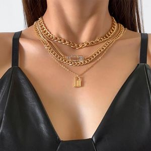 Pendant Necklaces Lacteo 4Pcs/Set Vintage Shiny Rhinestone Paper Clip Lock Necklace Hip Hop Cross Metal Clavicle Chain Choker