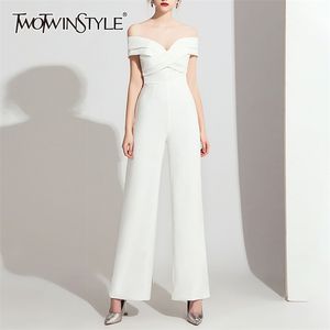 White Casual Jumpsuit For Women Slash Neck High Waist Wide Leg Pants Solid Elegant Jumpsuits Females Style 210521