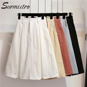 Surmiitro Solid Midi Skirt Women Spring Summer Knee Length High Waist School Skirt Red Blue Black White A-line Skirt Female 210712