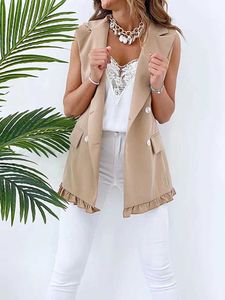SLMD Stylish Chic Khaki Ruffles Double Breasted Vest Coat Women Fashion Pockets Waistcoat Female Casual Outfitsar 211008
