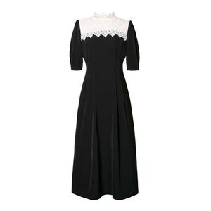 PERHAPS U Women Balck Stand Collar Lace Patchwork Short Sleeve Empire Elegant Midi Dress Summer D2669 210529