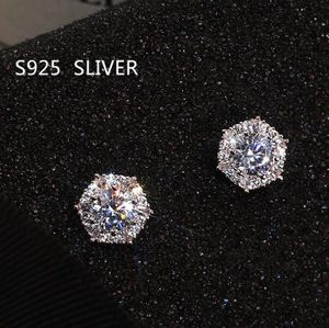 Real S925 Sterling Stud Pendientes Simple Moda Mujer Boda Joyería de novia Corte redondo Topaz CZ Diamond Gemstones Regalo de fiesta