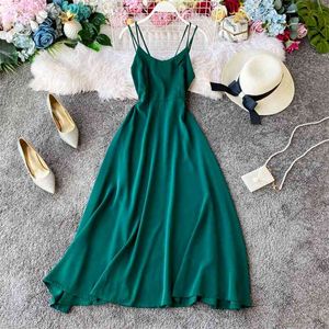 Women Seaside Holiday Close High Waist Sleeveless Dress Solid Color Fashion Sexy Open Back Vestidos L550 210527