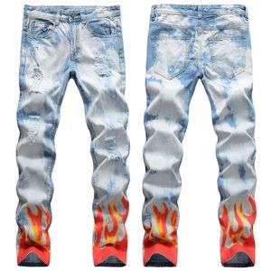 Мужчины стройная посадка джинсов 3D -печать, разрушенная тощая прямая нога, вымытые терапечные джинсовые брюки для мотоцикле.