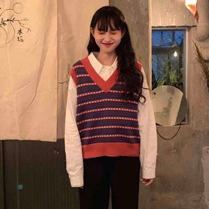 Maglia da donna lavorata a maglia pullover con scollo a V senza maniche a righe maglione coreano maglione allentato femminile (C9301) 210508