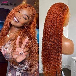 Wholesale kinky curly lace wigs resale online - Ishow inch HD Transparent Lace Front Wig Human Hair Wigs x4 x6 x5 x4 Orange Ginger Straight Curly Water Loose Deep Body Headband Wig Bangs for Women